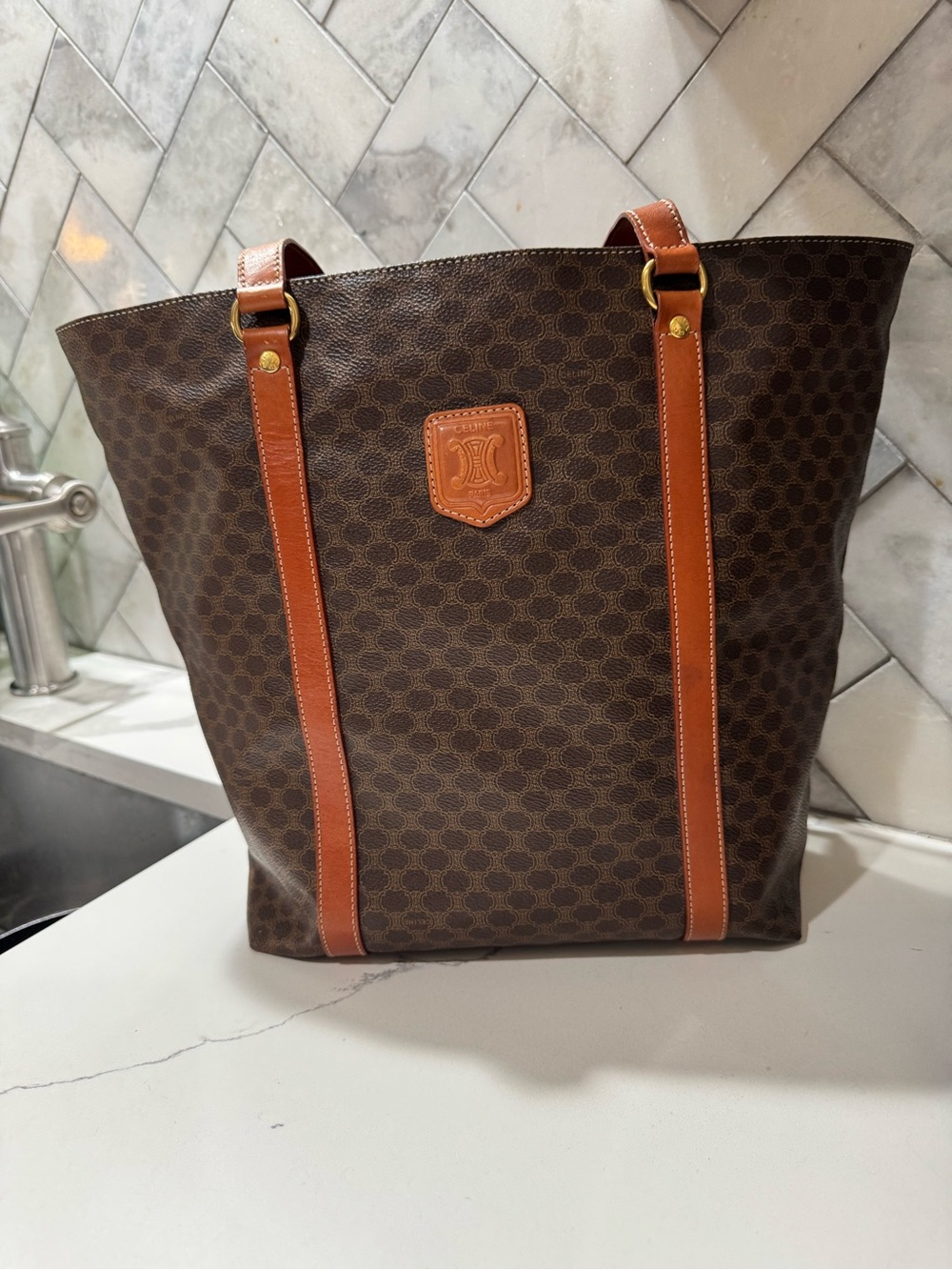 Celine Brown Canvas Tote with Tan Leather Straps
